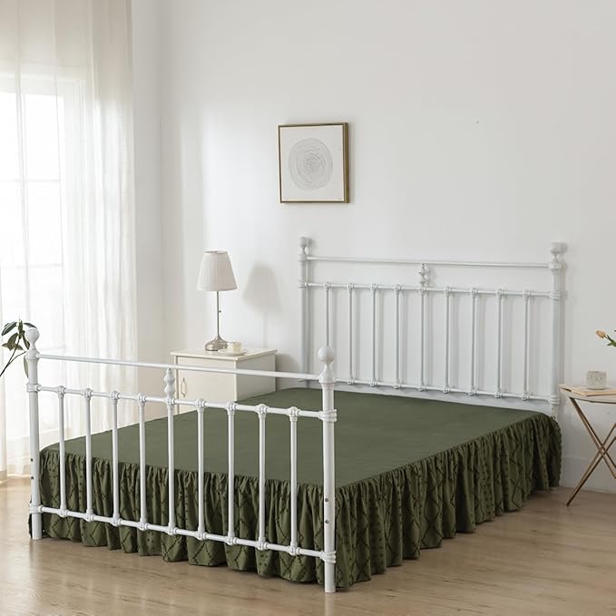 Bed Skirt Queen Size Ruffled Bed Skirt with Split Corners, 16 Inch Drop Dust Ruffle Bed Skirts with Platform, Boho Tufted Shabby Chic Queen Size Bed Skirts, Olive Green