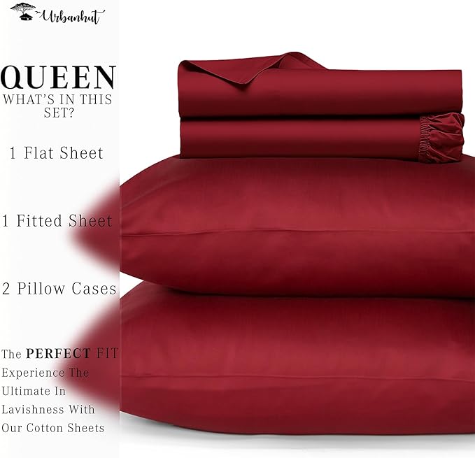 URBANHUT 700 Thread Count Egyptian Cotton Queen Sheets, 4Pc Sheet Set Soft Luxury Bed Sheets for Queen Size Bed, Sateen Weave Hotel Sheets, 16'' Elasticized Deep Pocket - Burgundy