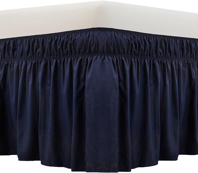 MEILA Wrap Around Bed Skirt Three Fabric Sides Elastic Dust Ruffled 24 Inch Tailored Drop,Easy to Install Fade Resistant-Navy Blue, Twin/Full