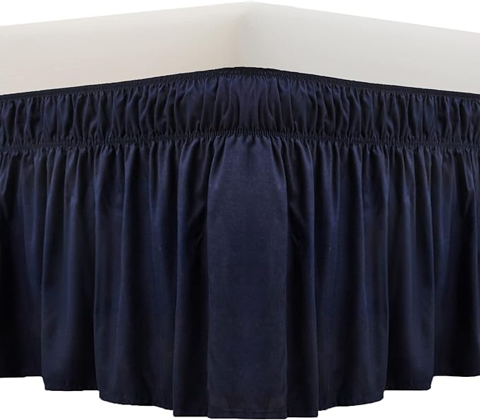 MEILA Wrap Around Bed Skirt Three Fabric Sides Elastic Dust Ruffled 24 Inch Tailored Drop,Easy to Install Fade Resistant-Navy Blue, Queen/King