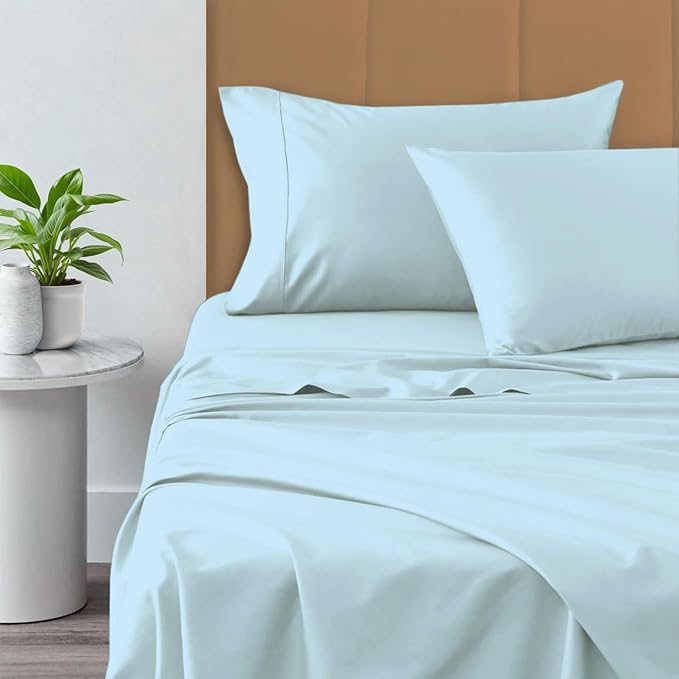 Pizuna Pure 100% Cotton Sheets, Full Size - 800 Thread Count Long Staple Cotton Crisp Sateen - 15 inch Deep Pocket (Combed Cotton, Baby Blue)