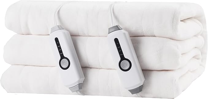 Electric Heated Blanket 84"x90" Queen Size, Soft Coral Fleece, Dual Controllers with 4 Heating Levels and 10 Hours Auto-Off, Machine Washable, Cozy Plush Fabric for Home, White