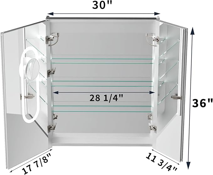 Lighted Medicine Cabinet with Mirror 30"x36" Recessed LED Medicine Cabinet Mirror, Front&Backlit, 3-Color Temperatures, Stepless Dimming, Anti-Fog, Magnifier, 2 Outlets, Storage Shelves, ETL Certified