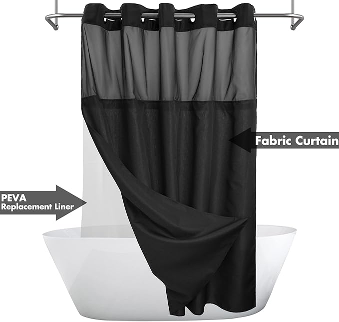Extra Long No Hook Slub Textured Shower Curtain with Snap-in PEVA Liner Set - 71" x 98"(96"), Hotel Style with See Through Top Window, Black Fabric Curtain & Waterproof Liner, Black, 71x98