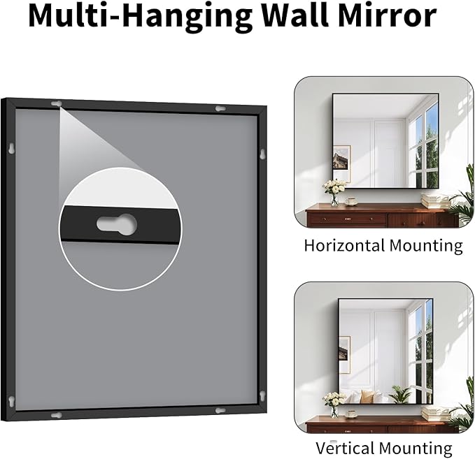Koonmi Black Framed Bathroom Mirror - Shatterproof 36"x40" Tempered Glass, HD No Distortion, Horizontal/Vertical Mount, Modern Matte Aluminum Alloy Frame