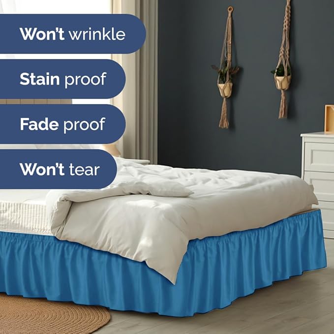 Wrap Around Dust Ruffle Bed Skirt - Denim Blue - Twin/Twin XL Size Beds with 15 Inch Drop - Elastic Strap- Adjustable Pleated Bedskirt with Brushed Fabric and Wrinkle Free - Women, Men, Kids & Teens