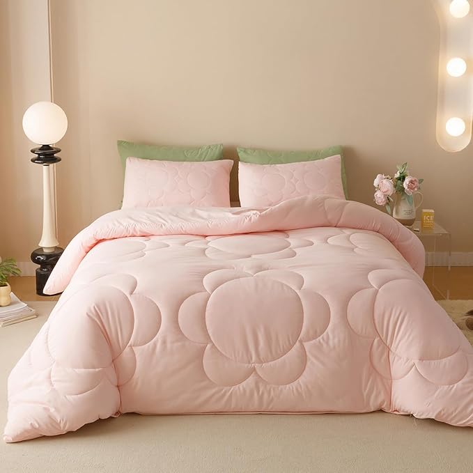 KAREVER Pink Flower Comforter King Pink Sunflower Print Bed King Comforter Set 3 Pieces Dark Pink Floral Comforter Set for Women Girls Bedroom Decor All Season Hotel Quality Comforter Set