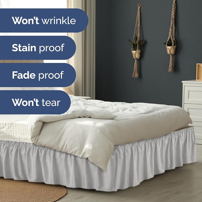 Wrap Around Dust Ruffle Bed Skirt - Light Grey - for Queen Size Beds w/ 16 Inch Drop - Easy Fit Elastic Strap - Adjustable Pleated Bedskirt with Brushed Fabric, Wrinkle Free Women, Men, Kids and Teens