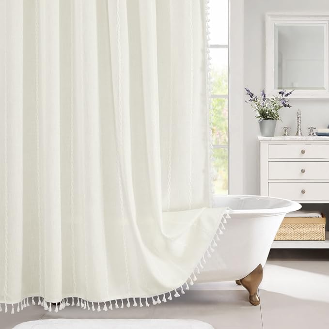 MitoVilla White Boho Extra Long Shower Curtain 72 x 84, Modern Farmhouse 84 inch XL Rustic Polyester Linen Tassel Heavy Duty Shower Curtain Set with Hooks for Cottagecore Country Bathroom Decor Ivory