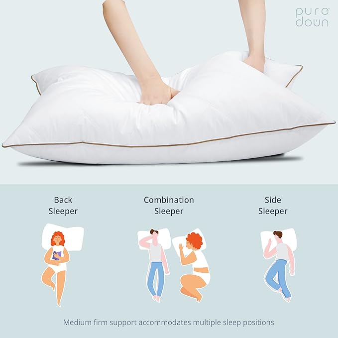 puredown® Goose Feathers and Down Pillow with Diamond Quilting with 100% Cotton Cover, Pack of 2, Queen Size
