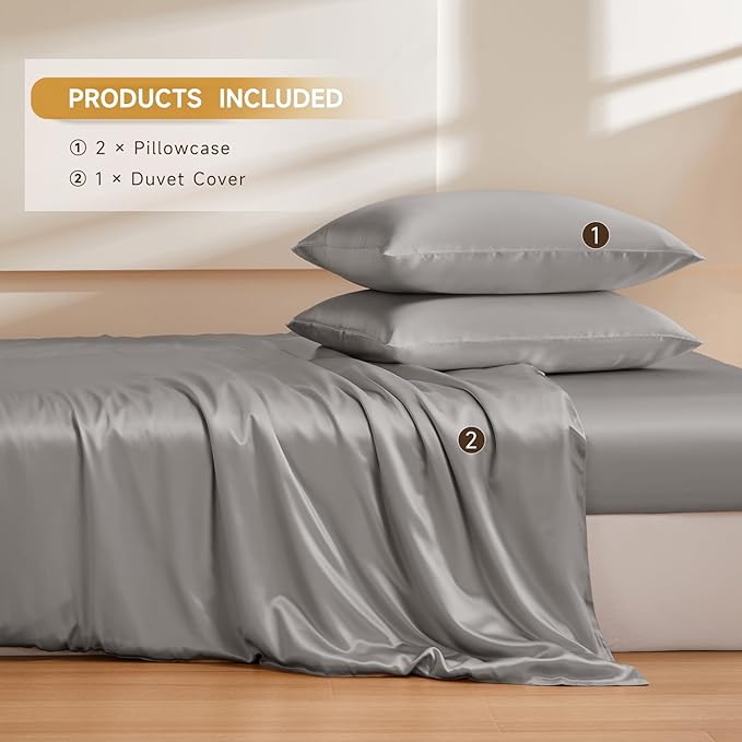 THXSILK 100% Pure Mulberry Silk Duvet Cover Set 3 Piece, 6A+ Grade Luxury Soft Bedding Silk Sheets for Hair and Skin, 1 Pcs Duvet/Quilt/Comforter Cover with 2 Zippered Pillowcases (Grey, Queen)