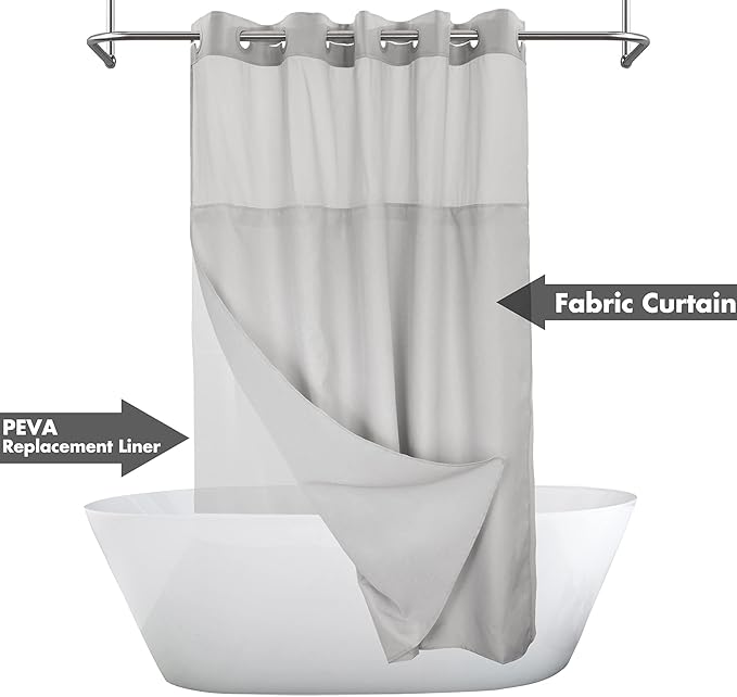 Long No Hook Slub Textured Shower Curtain with Snap-in PEVA Liner Set - 71" x 77"(75"), Hotel Style with See Through Top Window, Grey Fabric Curtain & Waterproof Liner, Gray, 71x77