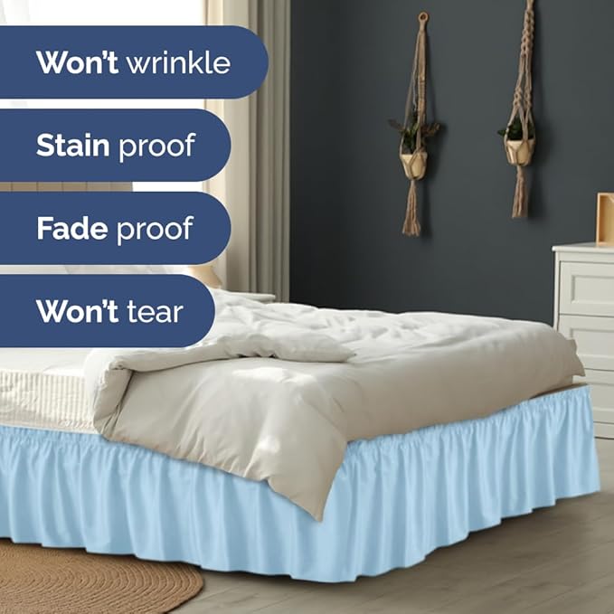 Wrap Around Dust Ruffle Bed Skirt - Light Blue - for King Size Beds with 24 Inch Drop - Elastic Strap - Adjustable Pleated Bedskirt with Brushed Fabric and Wrinkle Free - for Women, Men, Kids & Teens