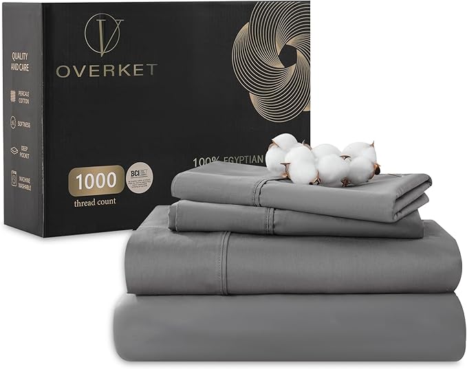 100% Egyptian Cotton Sheets King Size 1000 Thread Count Sateen Weave Soft Breathable 16-Inch Deep Pocket 4PCS（King,Dark Grey）