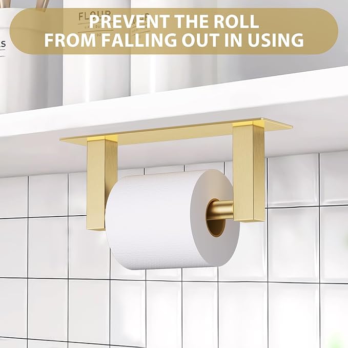 Brushed Gold Self Adhesive Toilet Paper Holder, Stainless Steel Bathroom Toilet Paper Holder Stick On Wall Mount, Commercial Toilet Paper Dispenser Peel and Stick Toilet Paper Holder Adhesive