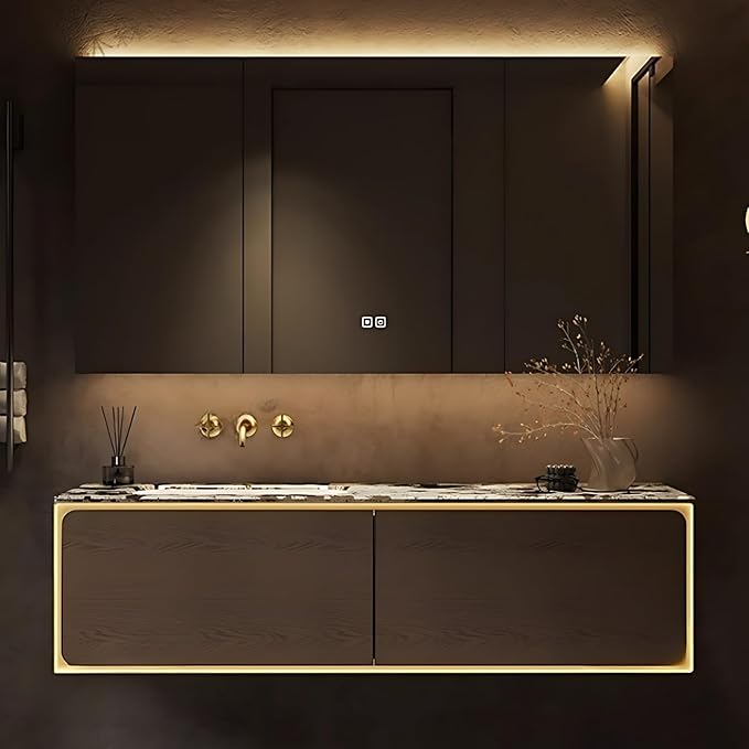 54IN Bathroom Vanity Set with a Single Sink - Embedded Sensor Light Strip & Large Capacity Floating Cabinet | Modern Bathroom Vanities with Defogging Mirror Surface & LED Lighting (Mirror Cabinet)