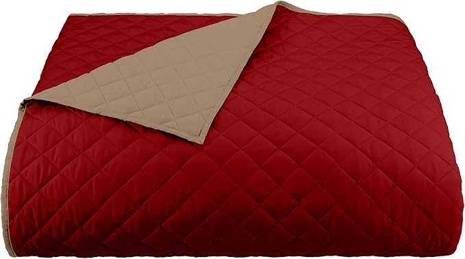 Martex Reversible Coverlet – Twin Bed Quilt – Lightweight Twin Size Bedding – Durable Quilts for Bed – Soft - Easy Care Bedding – Khaki/Red