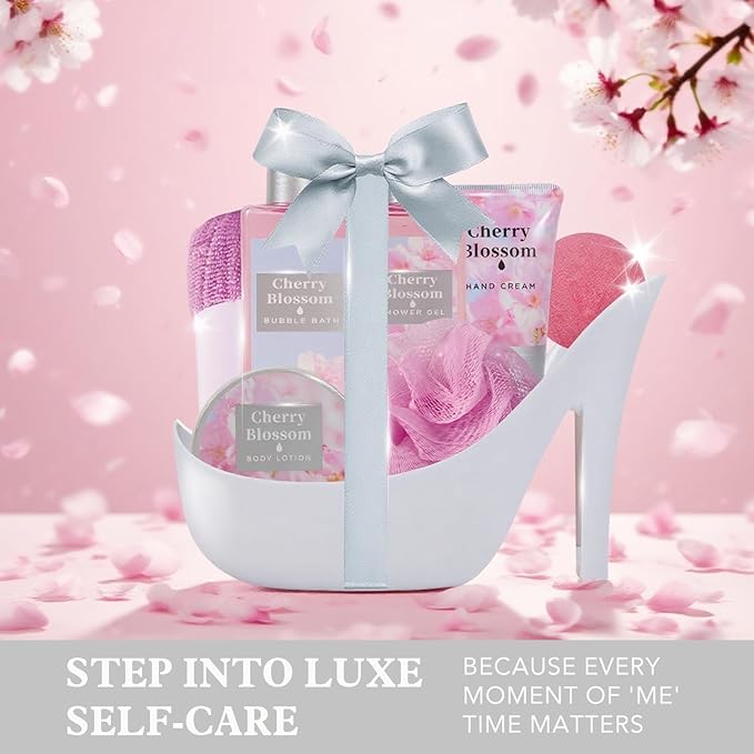 Cherry Blossom Christmas Gifts for Women Spa Basket, High Heel Bath Set with Shower Gel & Bath Bombs, Mother's Day Birthday, Anniversary Gifts for Mom, Sister, Bestie