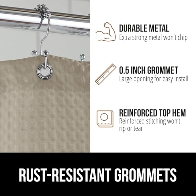 GORILLA GRIP Waffle Shower Curtain, Thick Weighted Fabric, 72x78, Wrinkle and Rust Resistant, Classic Hotel Quality Design, Heavy Duty Long Curtains for Bathroom Showers, Bath Tubs, Machine Wash Beige