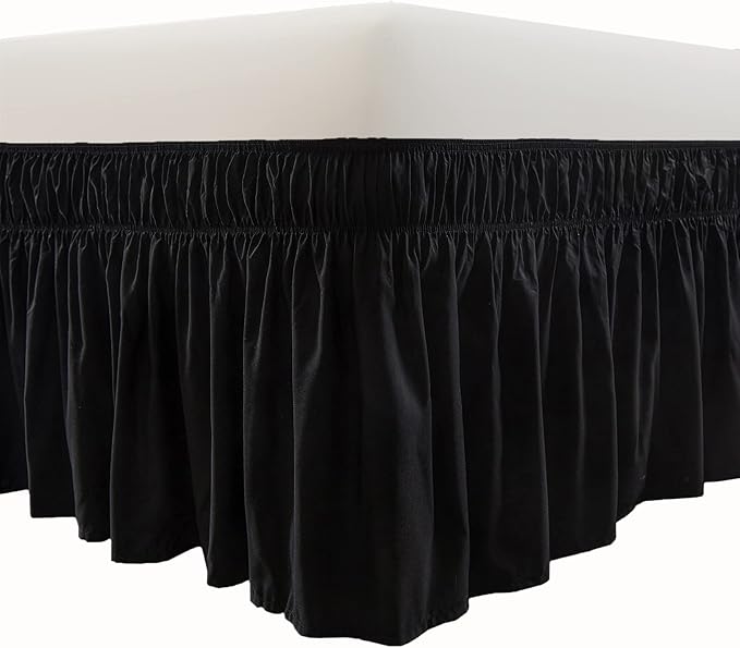 MEILA Wrap Around Bed Skirt Three Fabric Sides Elastic Dust Ruffled 18 Inch Tailored Drop,Easy to Install Fade Resistant-Black, Queen/King