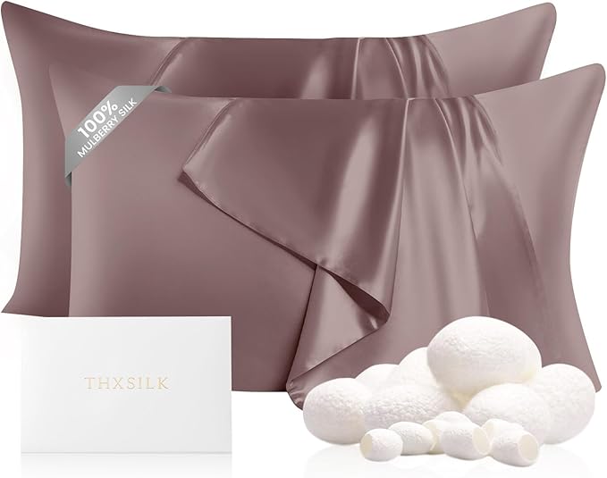 THXSILK Set of 2 Natural 22 Momme 100% Mulberry Silk Pillowcases for Hair and Skin, Standard Size 20"x26" Silk Pillow Case, Soft Smooth Cooling Silk Pillow Cover with Zipper(Purple, 2pcs)