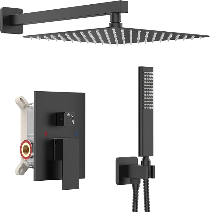 Iriber Matte Black Shower Set with 10 Inch High Pressure Rain Shower Head and Handheld and Shower Faucet Mixer Valve Modern Shower System Including Pressure Balance Valve Shower Trim Kit for Bathroom
