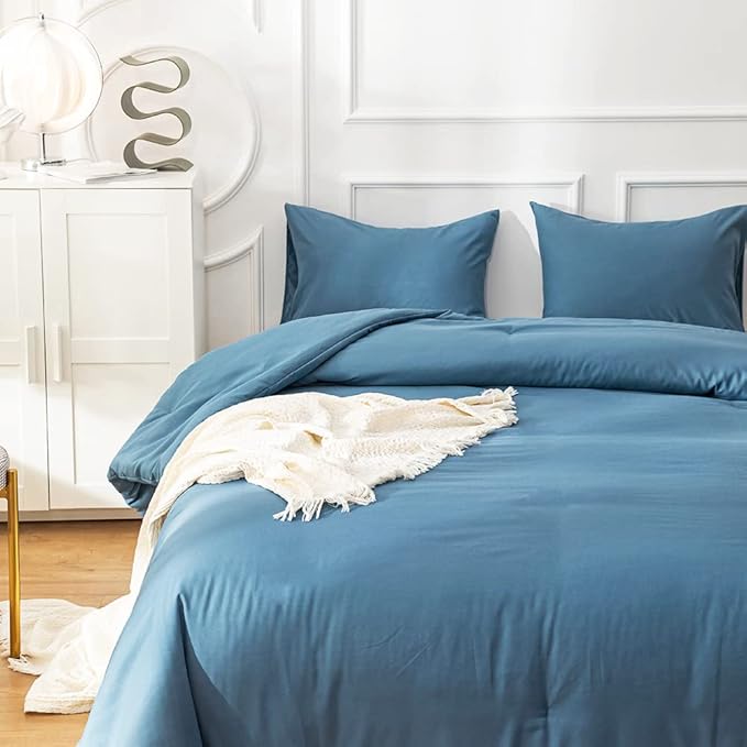 Cottonight Blue Comforter Sets King Lake Blue Bedding Set Haze Blue Blanket Quilt Solid Color Modern Breathable Soft King Bedding Comforter Sets for Women Men
