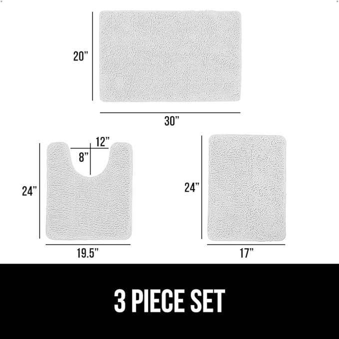 GORILLA GRIP Bathroom Rug Sets 3 Piece, Bath Mat Set and Oval Toilet Base with Rubber Backing, Plush Absorbent Shaggy Chenille Washable Mats, Includes 24x19.5, 24x17 and 30x20 Inch Rugs, White