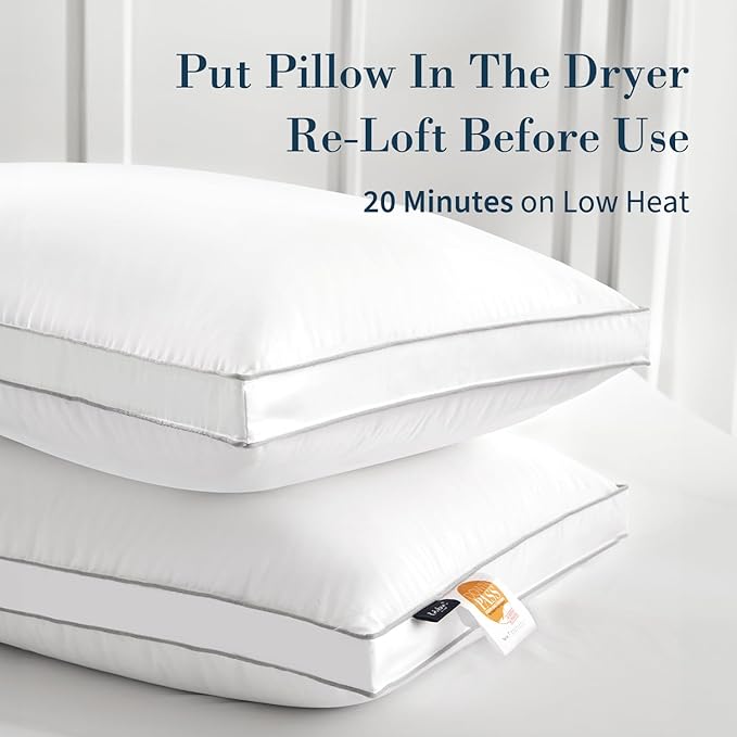 Globon Luxury Feather Down Pillow Standard Queen Size for Sleeping, Hotel Collection Fluffy Pillow, Low Soft Gusseted Bed Pillows, 18"X26", Pack of 2