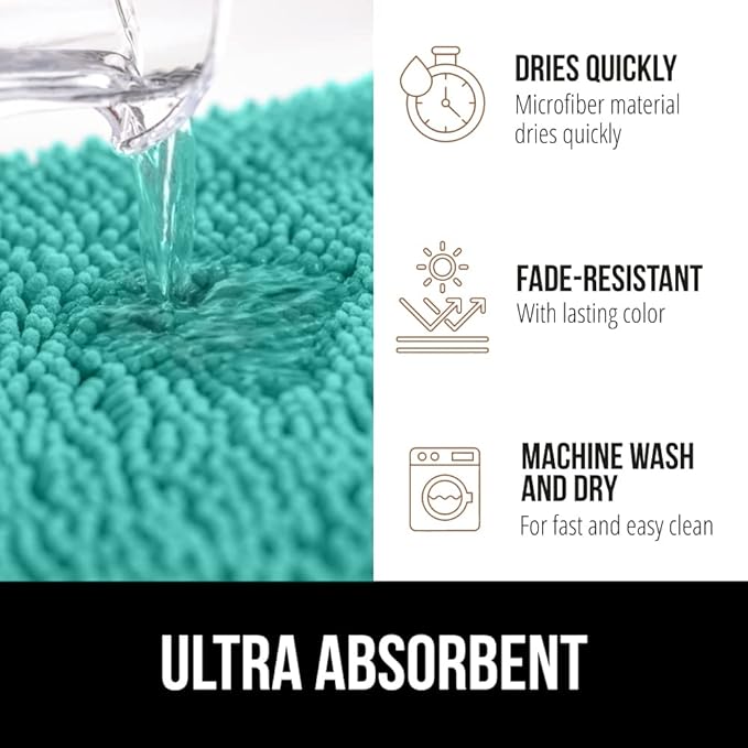 GORILLA GRIP Bathroom Rug Sets, Soft Chenille 2 Piece Area Rugs Set, Toilet Base Mat and 30x20 Carpet, Absorbent Microfiber Washable Mats Dry Quickly, Home Décor and Bath Room Accessories, Turquoise