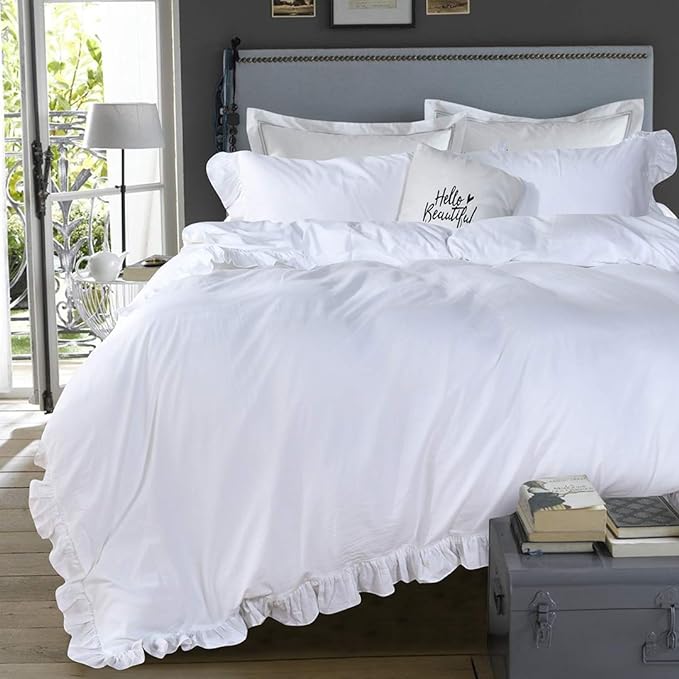 QSH White Shabby Ruffle Duvet Cover Full Size,Washed Cotton Farmhouse Boho Chic Aesthetic Cute Bedding Comforter Quilt Cover 3 Pieces Ultra Soft and Breathable Zipper Closure & Corner Ties