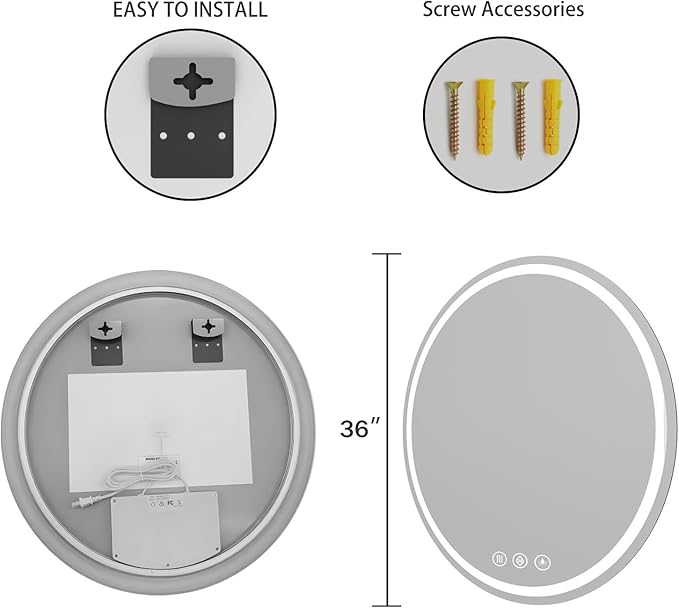 LED Bathroom Mirror 36 Inch Round Bathroom Mirror with Lights,Circle LED Mirror, Wall Mounted Lighted Bathroom with 3 Colors Brightness, Anti-Fog, Dimmable, Shatter-Proof