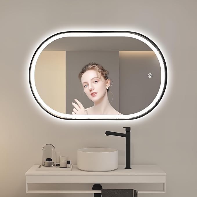 Oval LED Bathroom Mirror, 40"x24" Lighted Wall Mounted Vanity Mirror with Metal Frame, Anti-Fog IP66 Waterproof Smart Mirror, Memory Function, (Horizontal or Vertical), Black