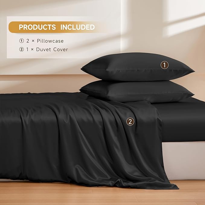 THXSILK 100% Pure Mulberry Silk Duvet Cover Set 3 Piece, 6A+ Grade Luxury Soft Bedding Silk Sheets for Hair and Skin, 1 Pcs Duvet/Quilt/Comforter Cover with 2 Zippered Pillowcases (Black, Full)