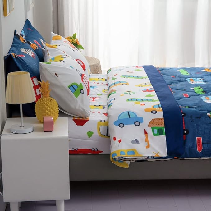 Wajade Cartoon Cars Comforter Set Bed in A Bag Full Size Colorful Cars Bus Van Traffic Lights Bedding Set for Boys Kids (1 Comforter, 1 Flat Sheet, 1 Fitted Sheet, 2 Pillowcase and 2 Pillow Sham)
