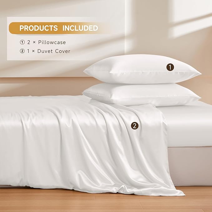 THXSILK 100% Pure Mulberry Silk Duvet Cover Set 3 Piece, 6A+ Grade Luxury Soft Bedding Silk Sheets for Hair and Skin, 1 Pcs Duvet/Quilt/Comforter Cover with 2 Zippered Pillowcases (Cream White, Full)