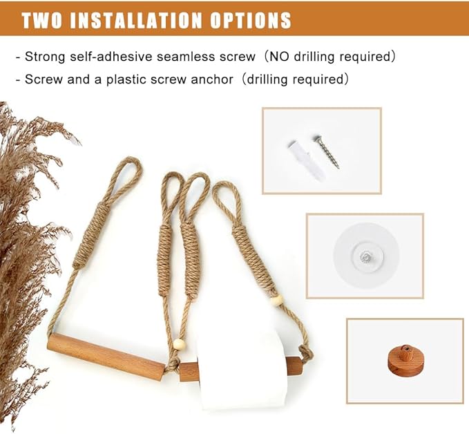 Wood & Rope Wall Toilet Paper Holder, Rustic Tissue Rolls Paper Holder Wall Mounted, Nautical Rattan Bathroom Accessories with Self-Adhesive Seamless Screw (with Bead)