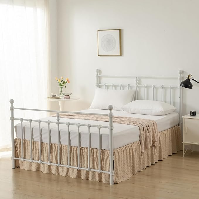 Tufted Dot Bed Skirt QueenSize Ruffled Bed Skirt with Split Corners, 14 Inch Drop Dust Ruffle Bed Skirts with Platform, Camel