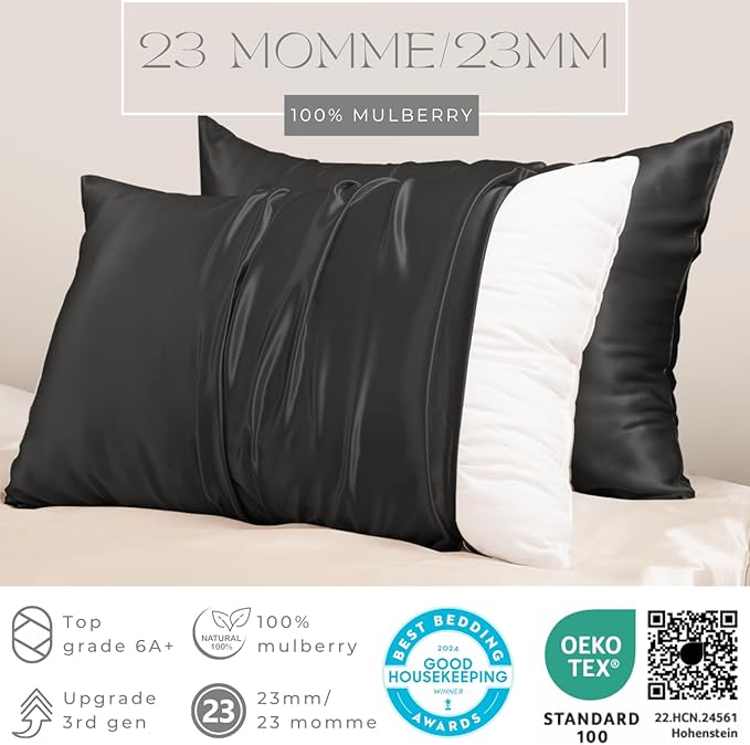 PROMEED 100% Mulberry Silk Pillowcase Set of 2, 23 Momme 3rd Gen Grade 6A+ 100% Mulberry Silk Pillow Cases 2 Pack, Real Silk Pillow Cover for Acne Prone Skin (King 20"x36", Black)