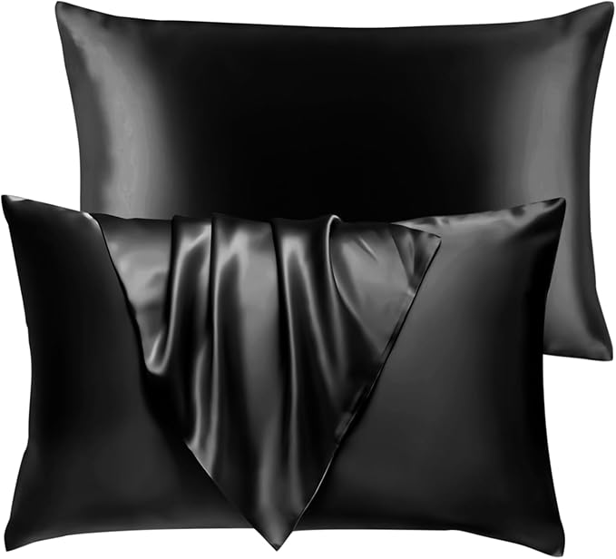 BHZ Satin Goose Down Feather Pillows Queen Size Set of 2 with Black Satin Pillowcase for Hair and Skin, Cooling Pillow Cases Similar to Silk Pillow Cases, Decorative for Women, Mom Men