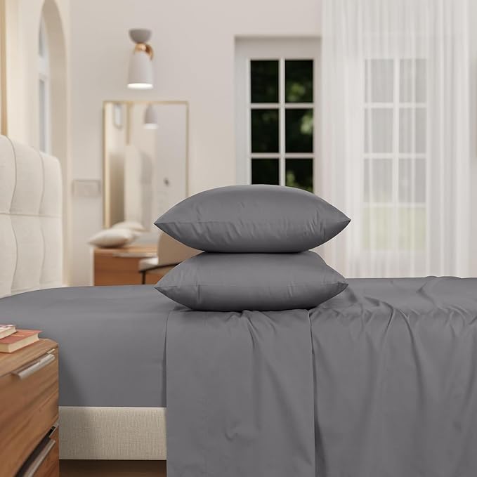 IZOD 100% Egyptian Cotton Sheets Set King Size, Cotton Percale Crisp Sheet Set 4Pc, Lightweight & Deep Pocket fits Upto 17", Long-Staple Soft Combed, Hotel Style Luxury Bedding Sheet - Carbon Steel