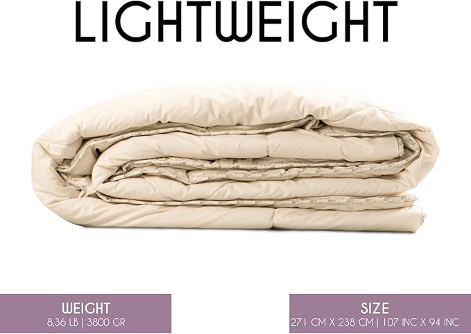 King Lightweight 100% Fine Alpaca Duvet - Premium Cotton Cover, 2,89 lb Filling, Ideal for Summer, Breathable & Temperature -Regulating, 107 x 94 inches
