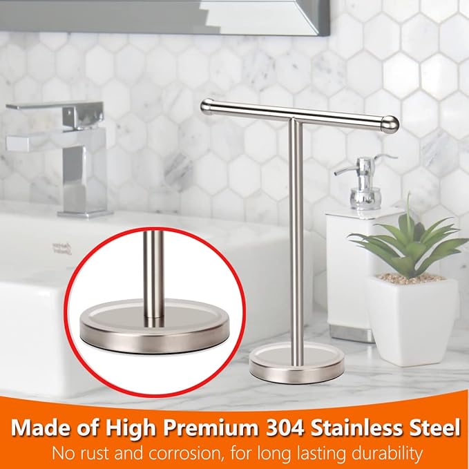 Hand Towel Holder Stand with Heavy Stainless Steel Base, T-Shape Towel Rack, Free-Standing Towel Holder Countertop for Bathroom (Brushed Nickel)