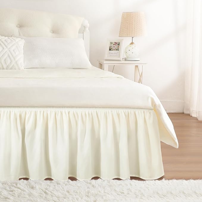 RIMELA Ivory White Bed Skirt Queen Size 12 Inch Drop, Wrap Around Elastic Adjustable Bedskirt, Bed skirting Dust Ruffle for Bed Frame & Box Spring Soft Durable Fabric Machine Washable Easy to Install