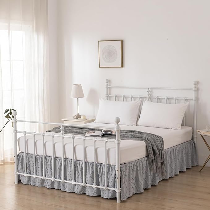 Bed Skirt King Size Ruffled Bed Skirt with Split Corners, 18 Inch Drop Dust Ruffle Bed Skirts with Platform, Boho Tufted Shabby Chic Full Size Bed Skirts, Light Grey