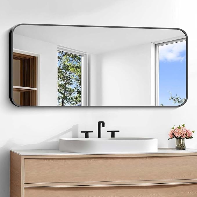 Bathroom Mirror, 48 x 24 inch Black Rectangle Wall Mirror, Metal Framed Rectangular Vanity Mirror, Rounded Corner Wall Mounted Mirror for Modern Bedroom Living Room Horizontal/Vertical