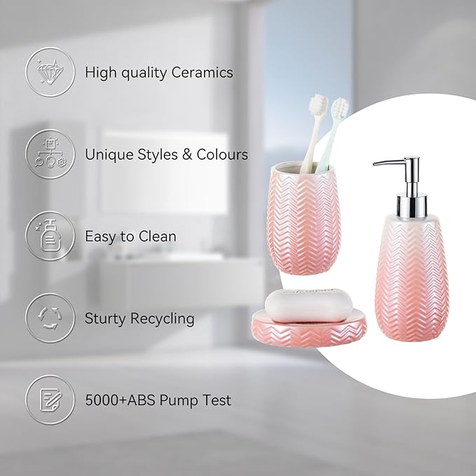 Pink Bathroom Accessories Set, 3 Pcs Ceramic Bathroom Decor Contain Toothbrush Holder,Soap Dispenser, and Soap Dish.