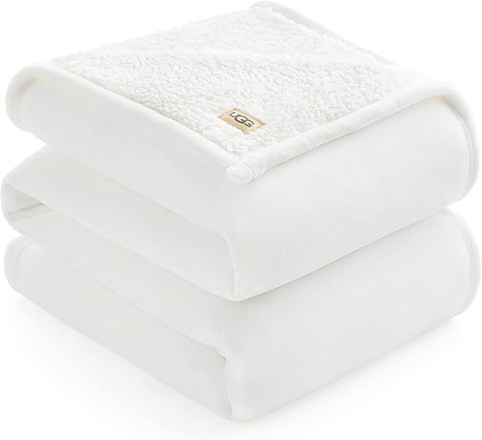 UGG Ariana Full/Queen Blanket Fleece Fluffy Reversible Soft Fuzzy Bedding Cozy Plush Warm Oversized Blanket Machine Washable Bedroom Decor for Big Couch or Bed, 90-inch x 90-inch, White Snow