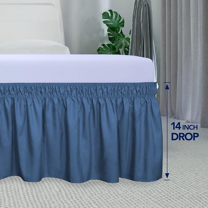 PureFit Wrap Around Ruffled Bed Skirt with Adjustable Elastic Belt - 14 Inch Drop Easy to Put On, Wrinkle Free Bedskirt Dust Ruffles, Bed Frame Cover for Queen, King and C-King Size Beds, Navy