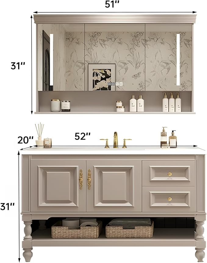 52" Bathroom Vanity with Sink,Freestanding Bathroom Vanity Large Storage Cabinet & Open Mirror Cabinet,2 Soft Closing Doors and 2 Drawers Solid Wood Luxury Bathroom Vanities Set,White